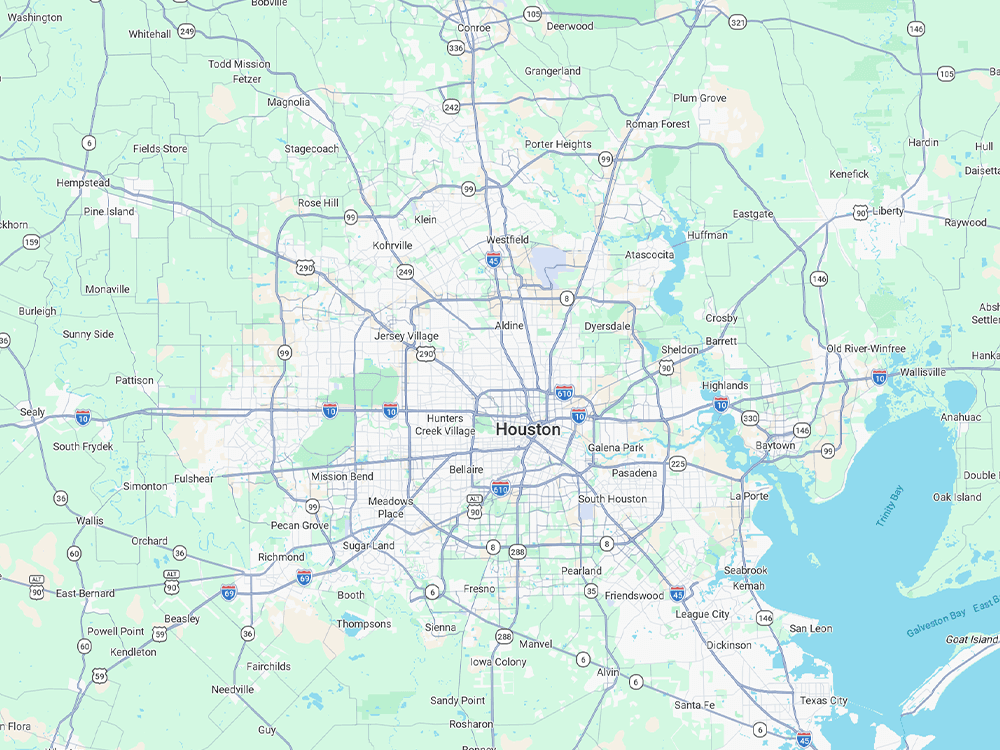 Sweet Septic service area coverage across Houston and surrounding counties Map showing Sweet Septic septic and plumbing service area in Greater Houston Texas